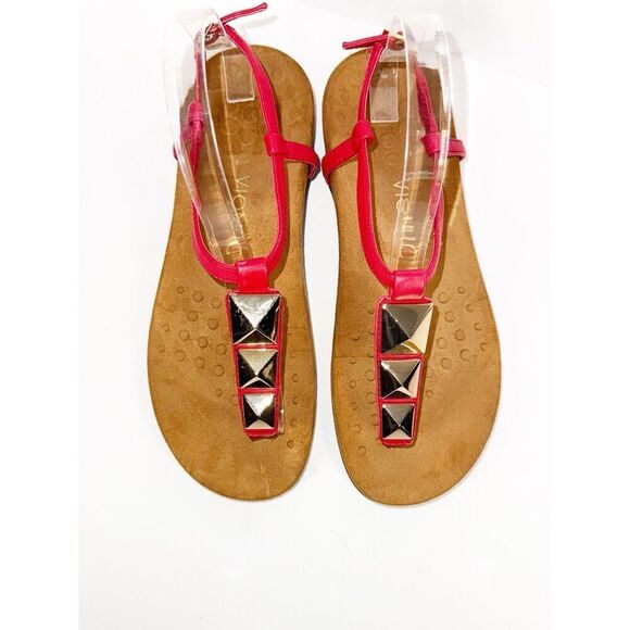 Vionic Sandals 8 Nala Thong Red Leather T Strap Gold Slingback Comfort Flats - Picture 6 of 15